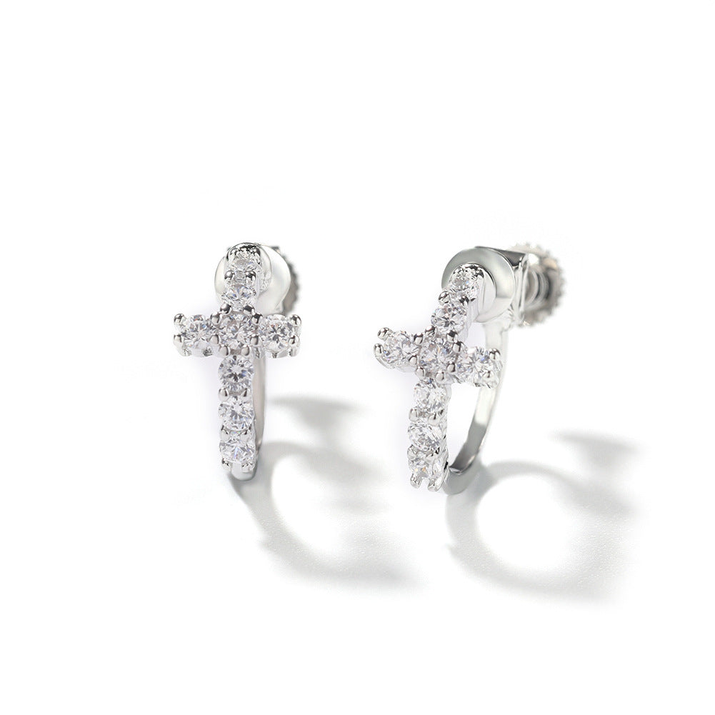 Hip Hop Zircon Black Spiral Clasp Cross Earrings