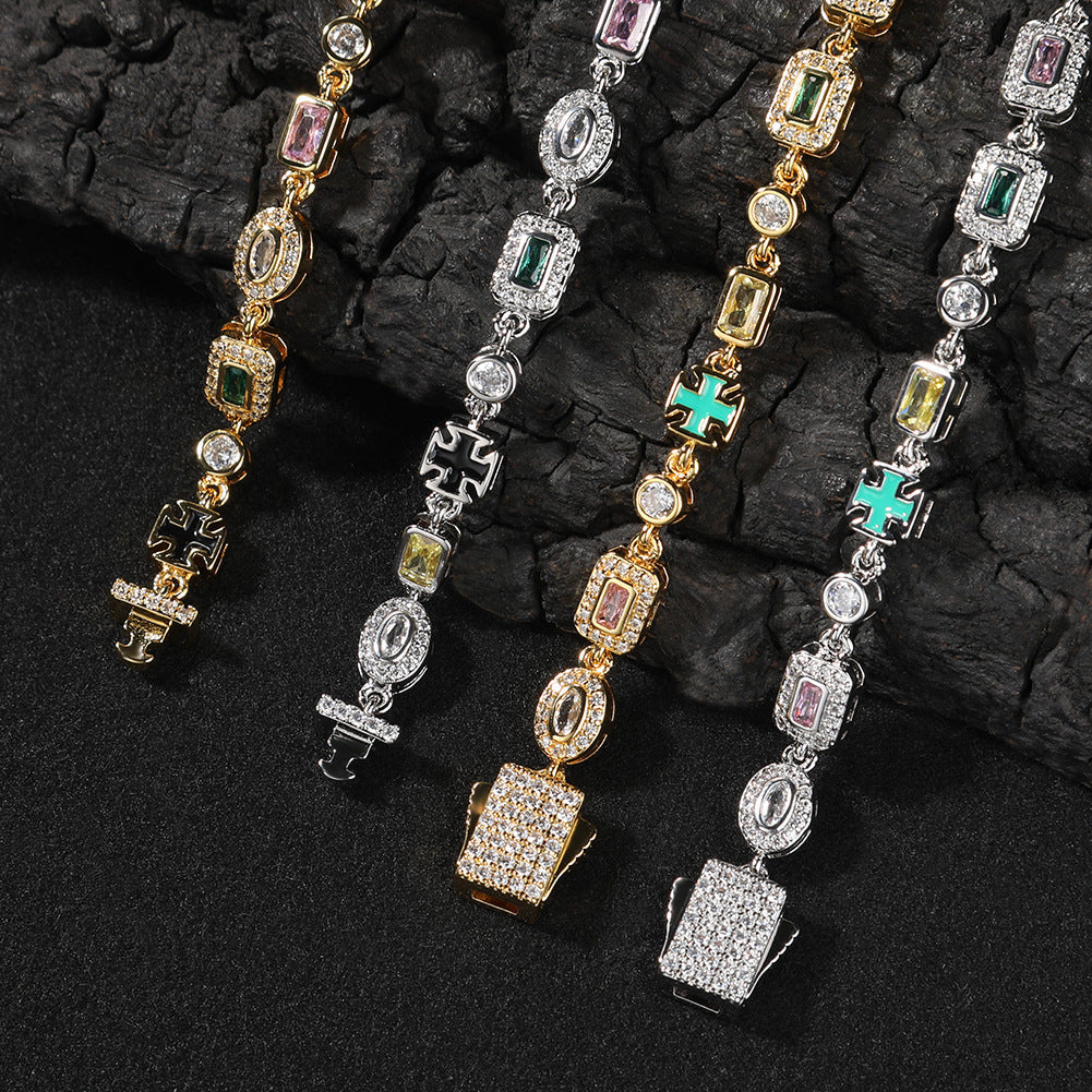 Hip-Hop Diamond-Encrusted 6mm Colored Gemstone Bracelet